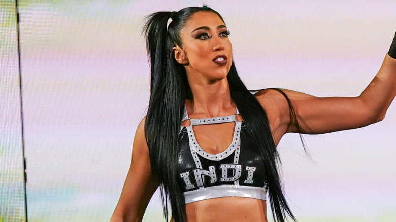 Indi Hartwell wearing black and silver ring gear