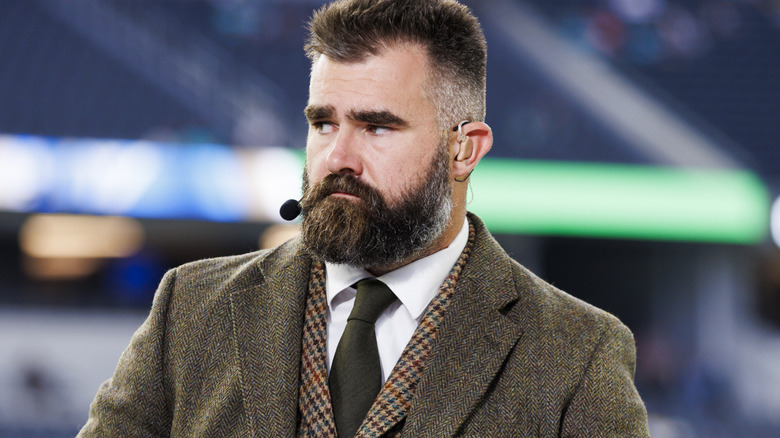 Jason Kelce is wearing a grey suit