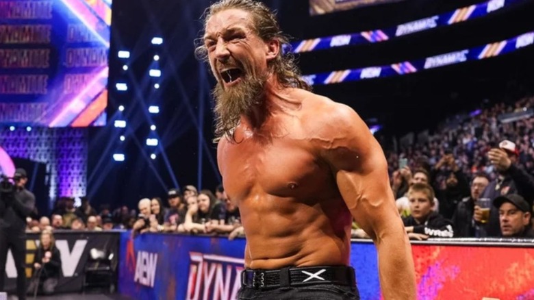 Jay White yells at ringside during a match on 