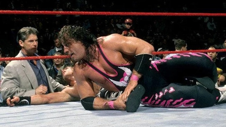 With a disdain look on his face, Bret Hart is shocked he lost his WWE Championship in a match against Shawn Michaels dubbed 