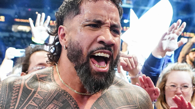 Jey Uso celebrates his win during Royal Rumble at Lucas Oil Stadium on February 1, 2025 in Indianapolis, Indiana.