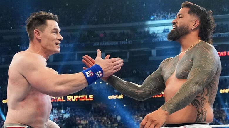 John Cena congratulating Jey Uso after the 2025 Royal Rumble