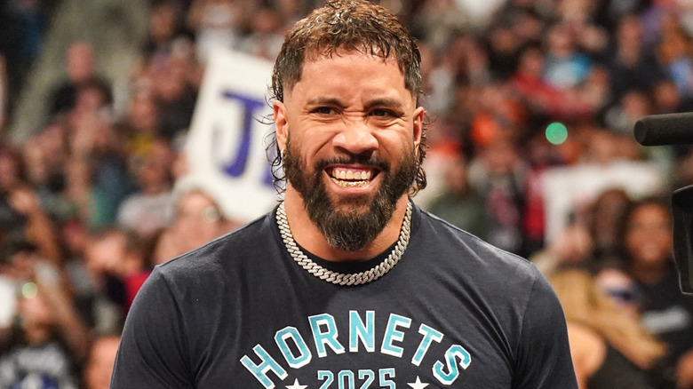 Jey Uso looks on during Monday Night RAW at Spectrum Center on February 17, 2025 in Charlotte, North Carolina.