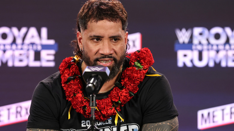 Jey Uso speaks at the WWE Post Show after Royal Rumble at Lucas Oil Stadium on February 1, 2025 in Indianapolis, Indiana.