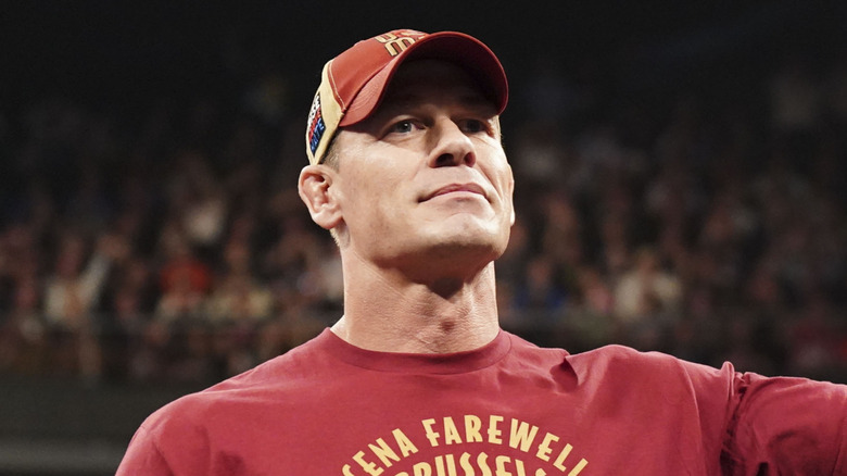 John Cena addresses the audience during Monday Night RAW at Forest National on March 17, 2025 in Brussels, Belgium.