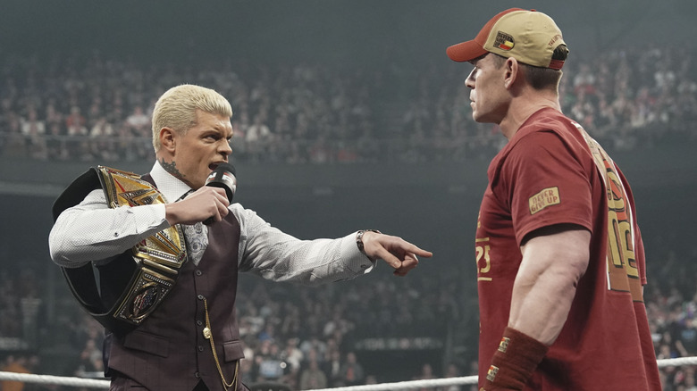 Cody Rhodes and John Cena face off during Monday Night RAW at Forest National on March 17, 2025 in Brussels, Belgium.