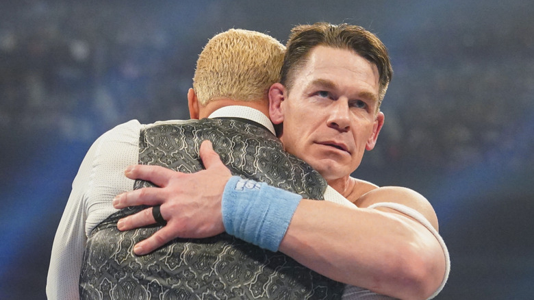 John Cena hugs Cody Rhodes during WWE Elimination Chamber at Rogers Centre on March 1, 2025 in Toronto, Canada.