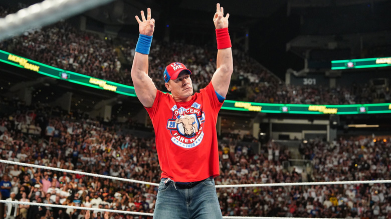 John Cena poses in the ring at WWE Money in the Bank in Toronto.