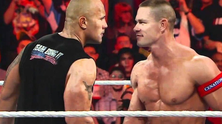The Rock and John Cena have a staredown 