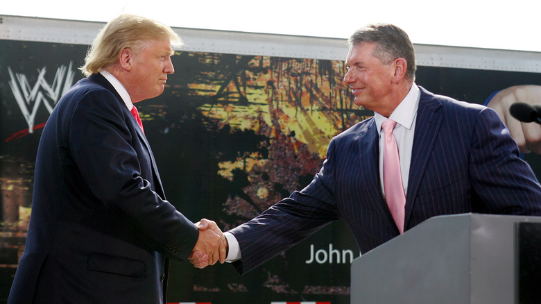 Donald Trump and Vince McMahon shake hands