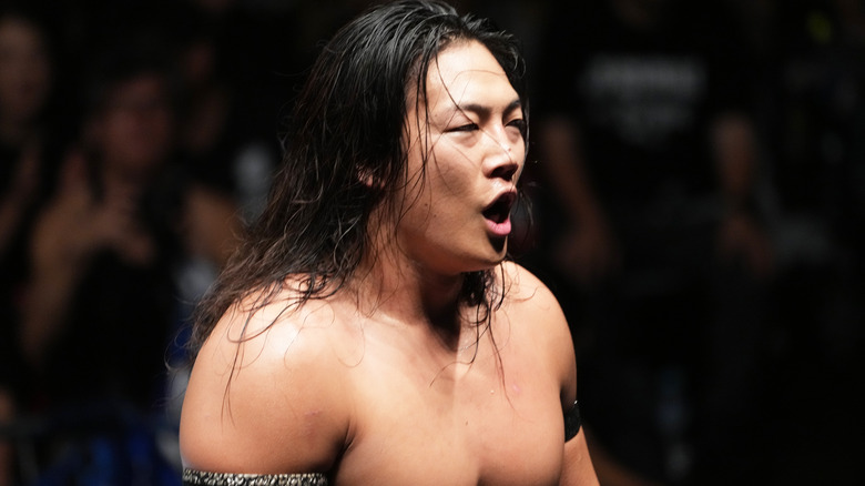 KONOSUKE TAKESHITA reacts during the New Japan Pro-Wrestling - G1 CLIMAX 34 at Korakuen Hall on August 07, 2024 in Tokyo, Japan.