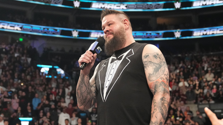 Kevin Owens on the microphone during WWE SmackDown at Delta Center on November 22, 2024 in Salt Lake City, Utah.