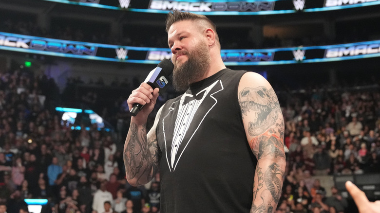 Kevin Owens on the microphone during WWE SmackDown at Delta Center on November 22, 2024 in Salt Lake City, Utah.