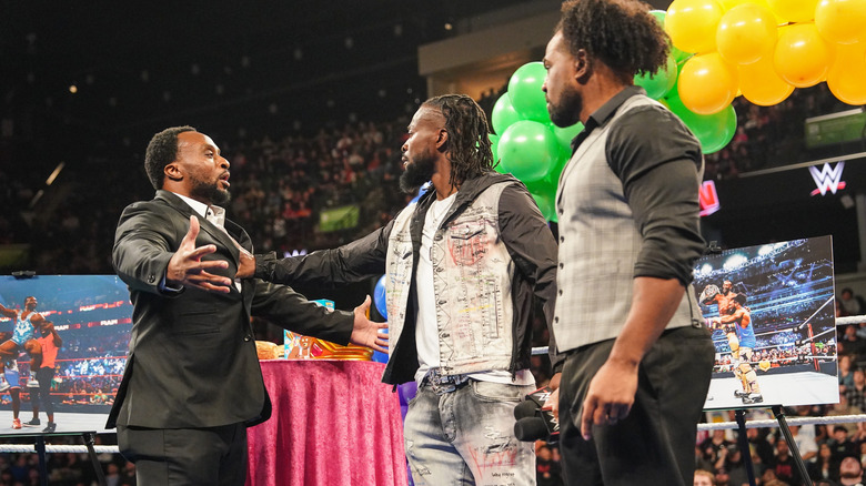 Big E, Kofi Kingston and Xavier Woods speak during Monday Night RAW at Angel of the Winds Arena on December 2, 2024 in Everett, Washington.