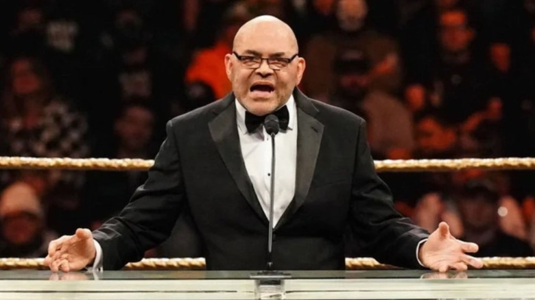 Former WCW star Konnan speaks during the WWE Hall of Fame ceremony.