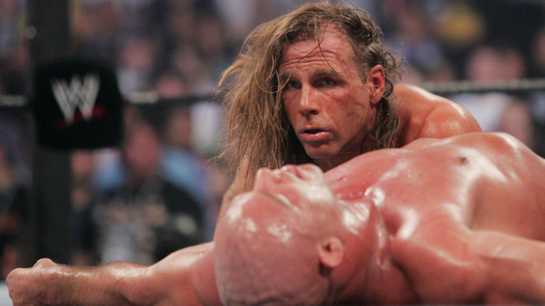 Shawn Michaels and Kurt Angle at WWE WrestleMania 21