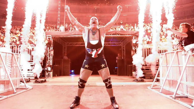 Kurt Angle makes his entrance to pyro