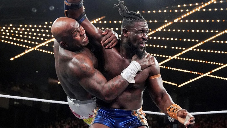 Moose and Oba Femi during their hard-hitting championship match during "NXT"