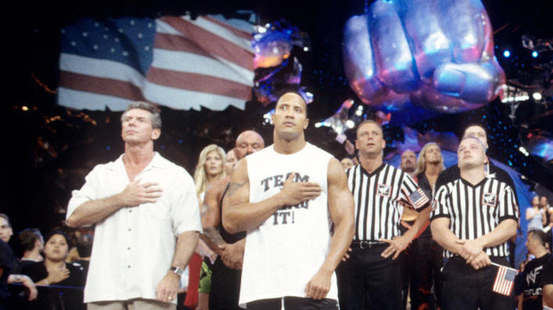 The Rock, Vince McMahon and other WWE talent during the post-9/11 episode of "WWE SmackDown"