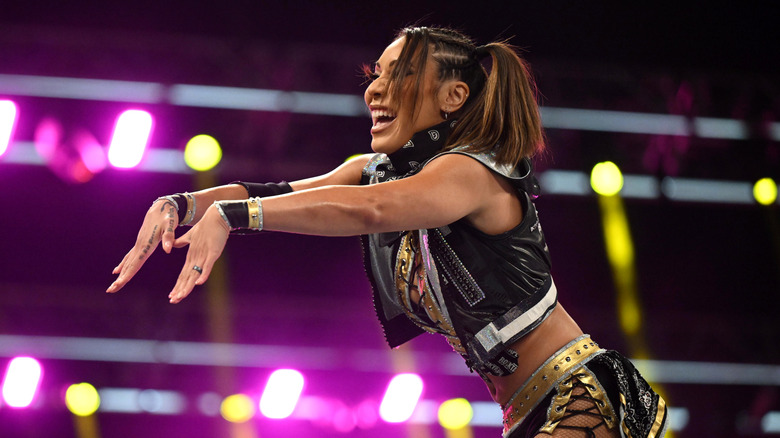 Michin makes her entrance to the ring during WWE Friday Night SmackDown at Rogers Place on September 6, 2024 in Edmonton, Canada.