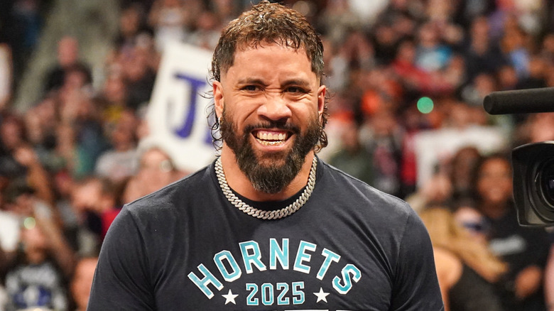 Jey Uso looks on during Monday Night RAW at Spectrum Center on February 17, 2025 in Charlotte, North Carolina.