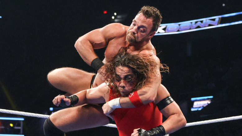 LA Knight with a Bulldog on Shinsuke Nakamura during SmackDown at Moda Center on January 10, 2025 in Portland, Oregon.