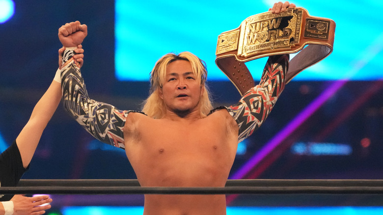 NJPW President Hiroshi Tanahashi poses with NJPW World TV Title Belt