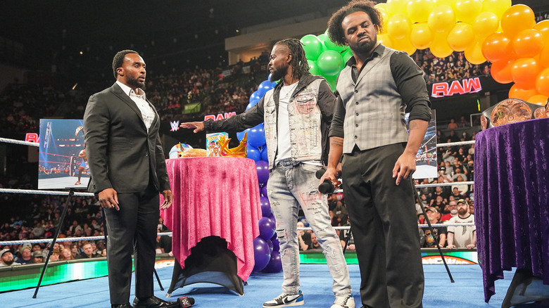 Big E, Kofi Kingston and Xavier Woods during The New Day 10th anniversary on WWE Raw