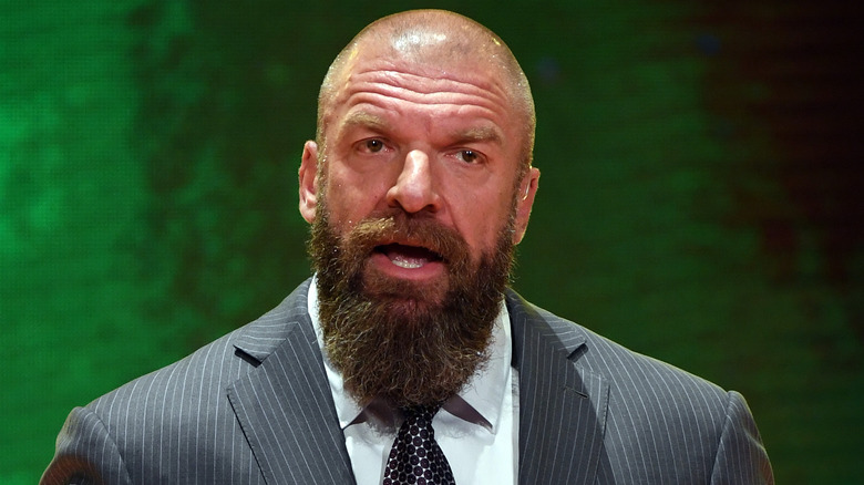 WWE Executive Vice President of Talent, Live Events and Creative Paul "Triple H" Levesque speaks at a WWE news conference at T-Mobile Arena on October 11, 2019 in Las Vegas, Nevada. It was announced that WWE wrestler Braun Strowman will face heavyweight boxer Tyson Fury and WWE champion Brock Lesnar will take on former UFC heavyweight champion Cain Velasquez at the WWE's Crown Jewel event at Fahd International Stadium in Riyadh, Saudi Arabia on October 31.