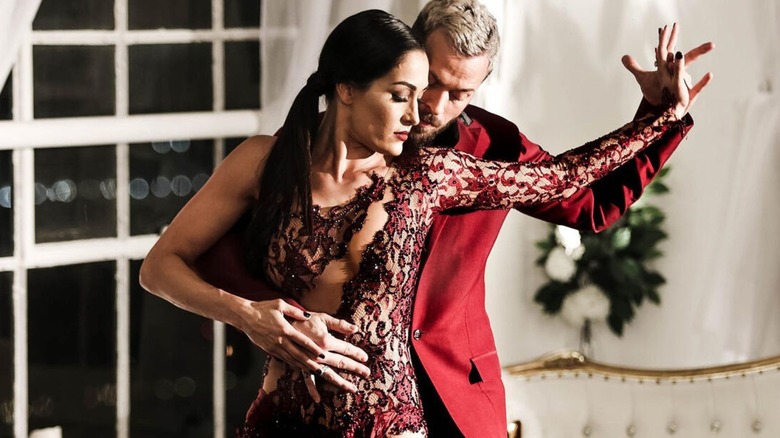 Nikki Bella practices a dance with future-husband Artem Chigvintsev ahead of an appearance on "Dancing with the Stars."