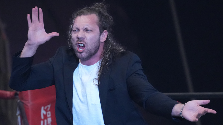 Kenny Omega during a promo at the NJPW Edion Arena, Osaka Japan