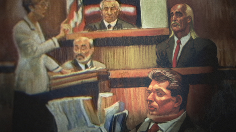 Boceto de la sala del tribunal con Vince McMahon y Hulk Hogan