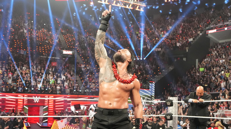 Roman Reigns acknowledges the crowd during Monday Night RAW at Intuit Dome on January 6, 2025 in Inglewood, California.