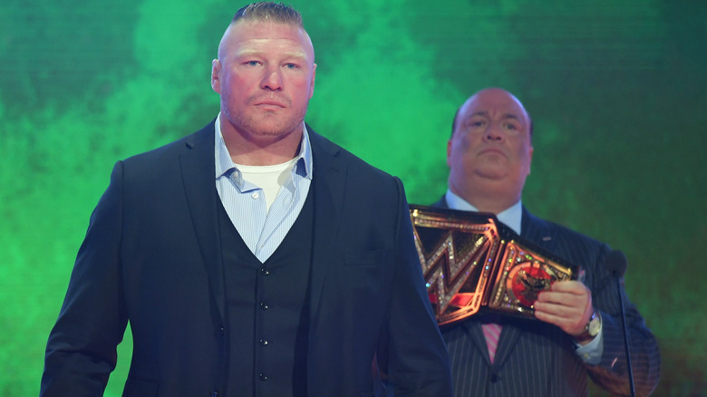 Brock Lesnar and Paul Heyman at a 2019 news conference to promote Crown Jewel