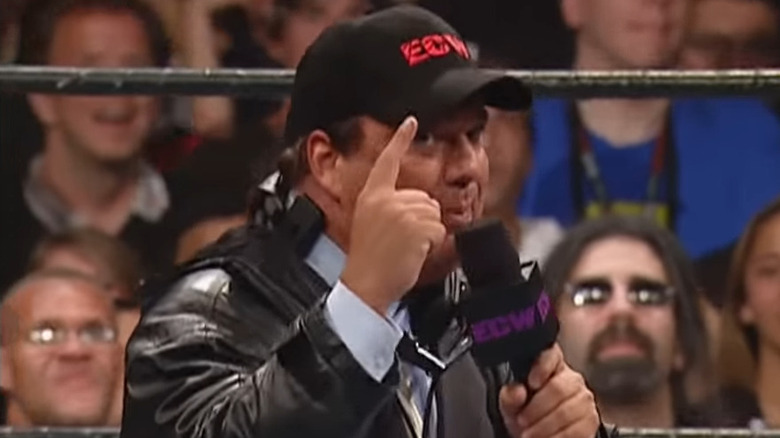 Heyman cutting his passionate promo in the Hammerstein