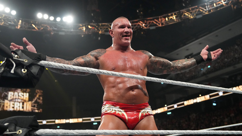 Randy Orton reacts during the WWE Bash in Berlin Premium Live Event at Uber Arena on August 31, 2024 in Berlin, Germany.