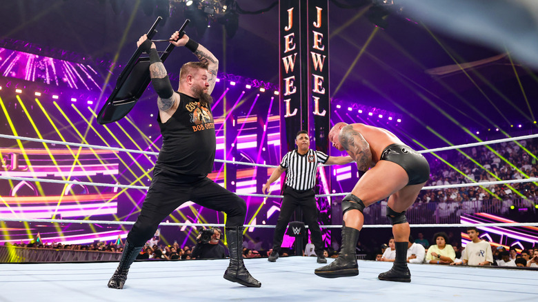 Kevin Owens and Randy Orton in action during Crown Jewel at Mohammed Abdo Arena on November 2, 2024 in Riyadh, Saudi Arabia.