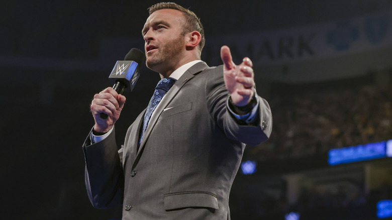 "WWE SmackDown" General Manager Nick Aldis announces the CCO of WWE, Paul "Triple H" Levesque during "SmackDown" at PPG Paints Arena on April 19, 2024 in Pittsburgh, Pennsylvania.