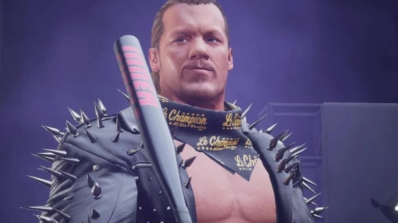 AEW's Chris Jericho appears as a character in AEW's "Fight Forever" video game, dressed in a leather jacket, carrying a baseball bat on the stage before a match.