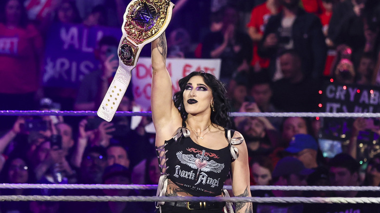 Rhea Ripley enters with Women's Wold Champion title belt during Monday Night Raw SAP Center on January 13, 2025 in San Jose, California.