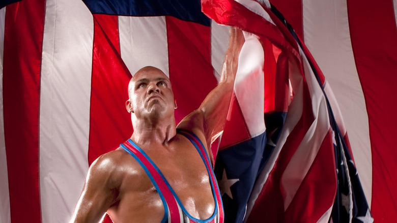 Kurt Angle holding up American Flag 