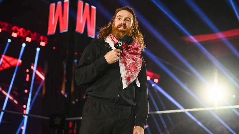 Sami Zayn speaks during Monday Night RAW at Mohammed Abdo Arena on November 4, 2024 in Riyadh, Saudi Arabia.