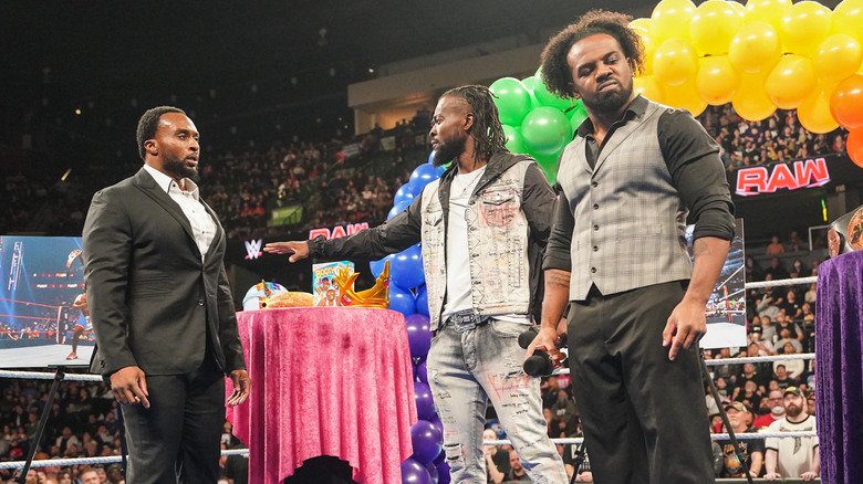 The New Day (Big E, Kofi Kingston, and Xavier Woods) during the New Day 10 Year Anniversary