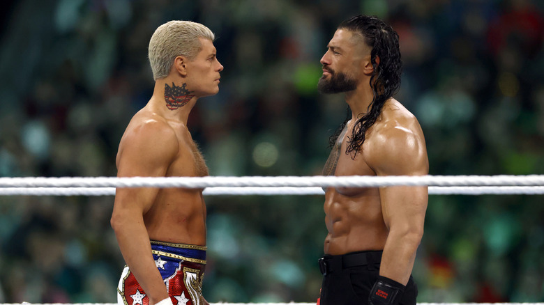 Cody Rhodes, Roman Reigns in ring at WrestleMania 40