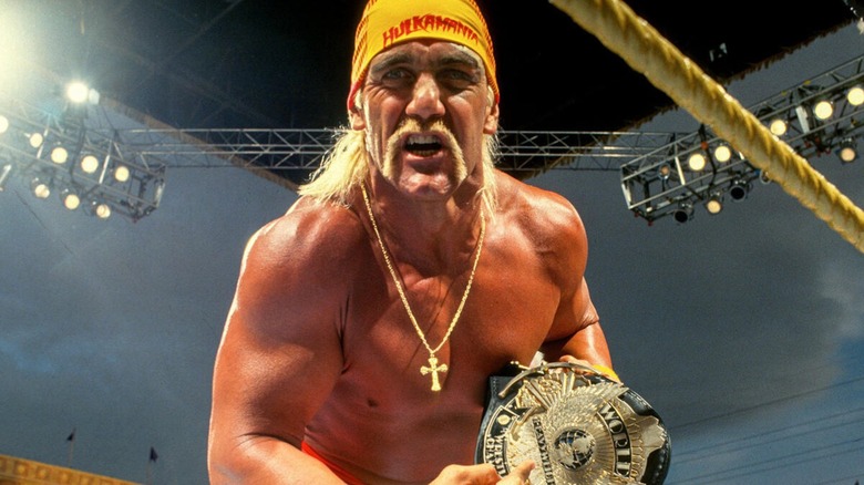 Hulk Hogan poitning at the WWF World Championship