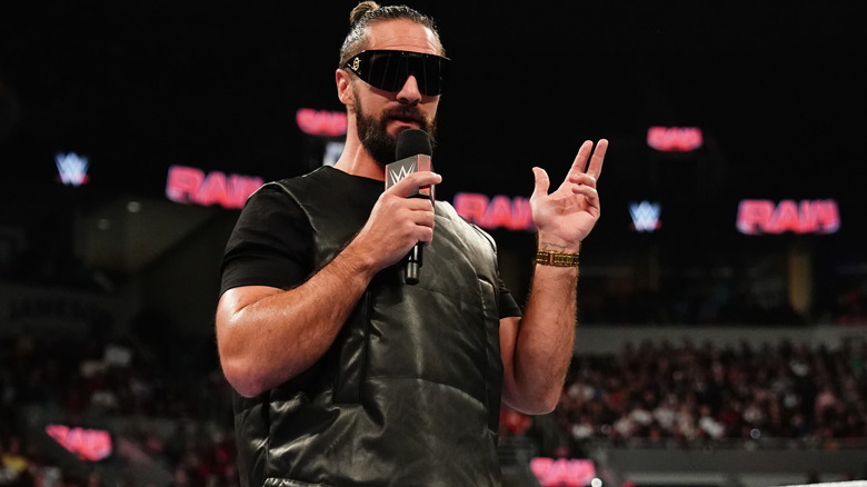 Seth Rollins addresses the crowd during Monday Night RAW at Enterprise Center on October 7, 2024 in St Louis, Missouri.