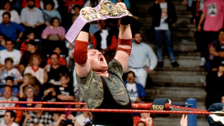 Sgt. Slaughter raises the WWF Championship at Royal Rumble 1991