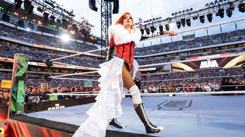 Becky Lynch enters the ring during Night One of WrestleMania 40 at Lincoln Financial Field on April 6, 2024 in Philadelphia, Pennsylvania.