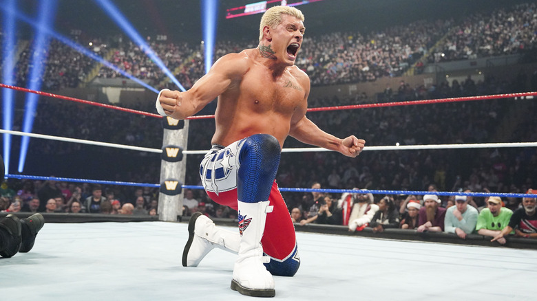 Cody Rhodes celebrating his victory against Kevin Owens. "Saturday Night Main Event," 2023