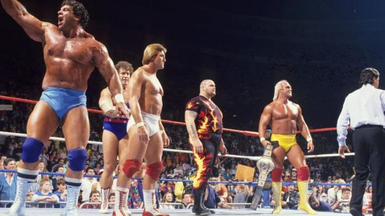 Don Muraco, Ken Patera, Paul Orndorff, Bam Bam Bigelow, and Hulk Hogan in the ring